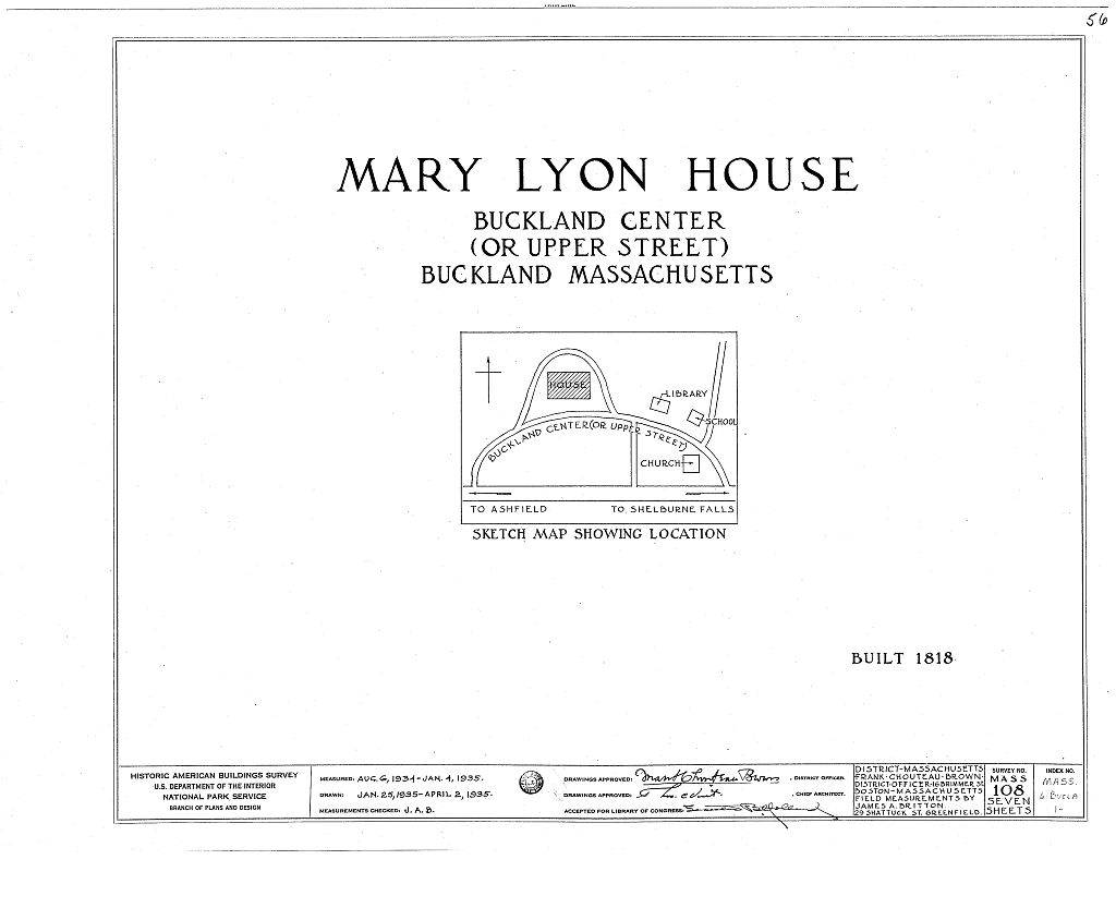 Mary Lyon House, Upper Street, Buckland, Franklin County, MA, measured drawing filed with the federal survey