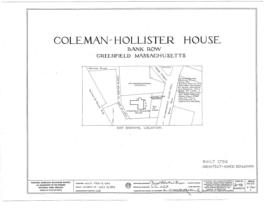 Coleman-Hollister House, Bank Row, Greenfield, Franklin County, MA, measured drawing filed with the federal survey