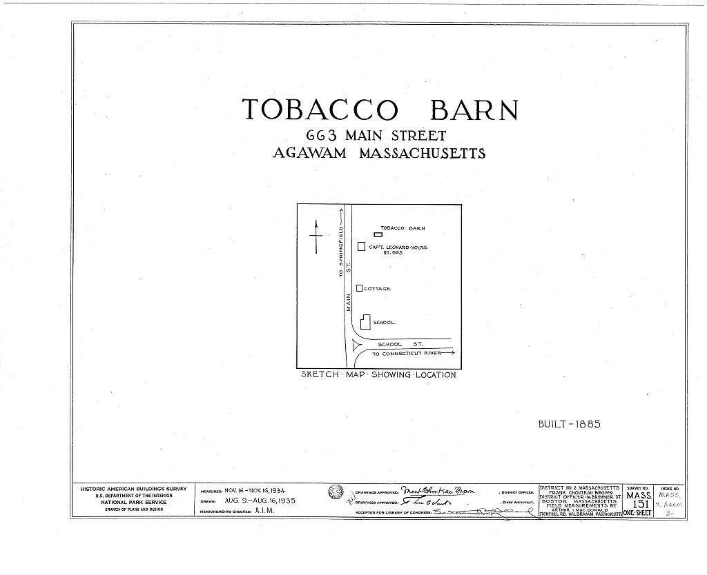 Tobacco Barn, 663 Main Street, Agawam, Hampden County, MA, measured drawing filed with the federal survey