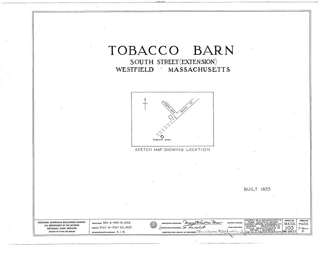 Tobacco Barn, South Street Extension, Westfield, Hampden County, MA, measured drawing filed with the federal survey