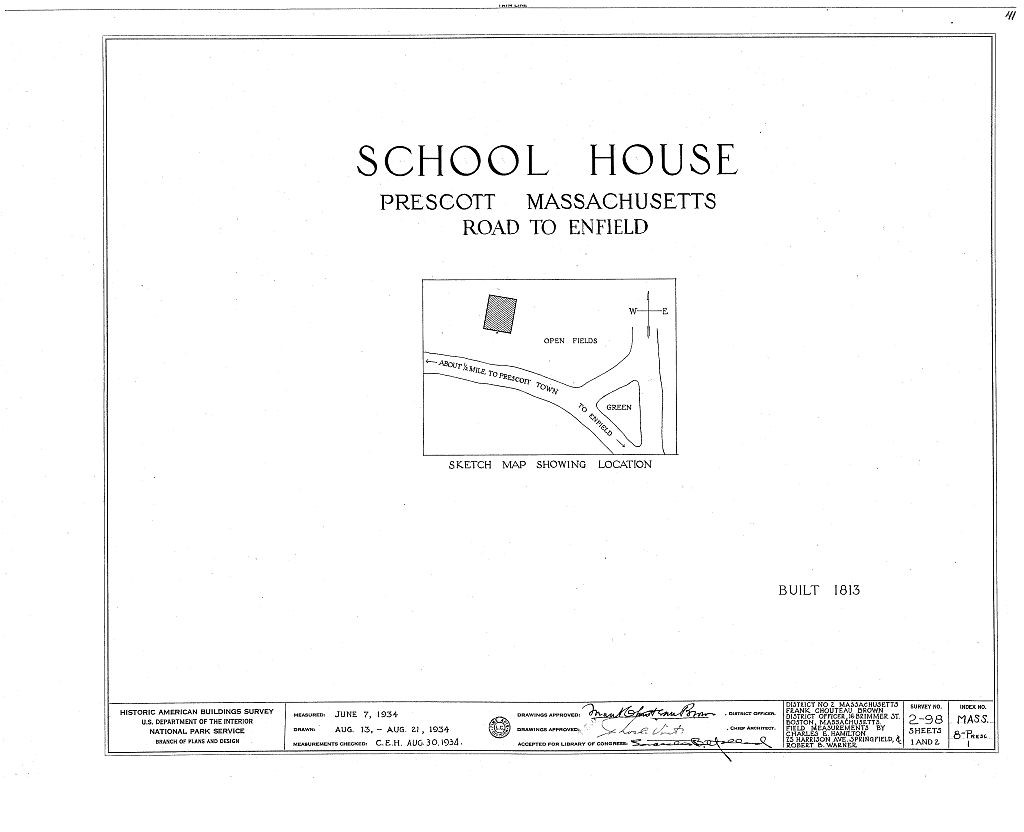 Enfield Road (Schoolhouse), Prescott Center, Franklin County, MA, measured drawing filed with the federal survey
