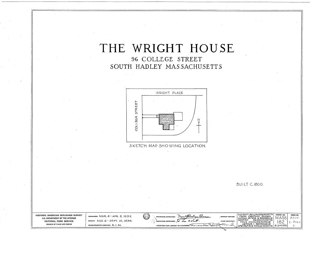 Wright House, 96 College Street, South Hadley, Hampshire County, MA, measured drawing filed with the federal survey