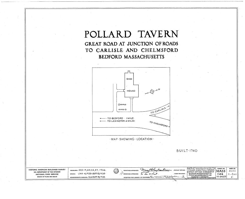 Pollard Tavern, Great Road, Bedford, Middlesex County, MA, measured drawing filed with the federal survey