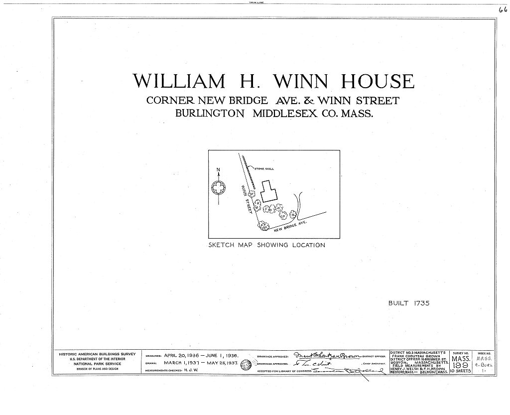 William H. Winn House, 99 Pond Road (moved from New Bridge Avenue & Winn Street, Burlington, MA), Wellesley, Norfolk County, MA, measured drawing filed with the federal survey