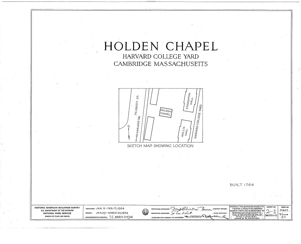 Harvard College, Holden Chapel, Harvard Yard, Cambridge, Middlesex County, MA, measured drawing filed with the federal survey