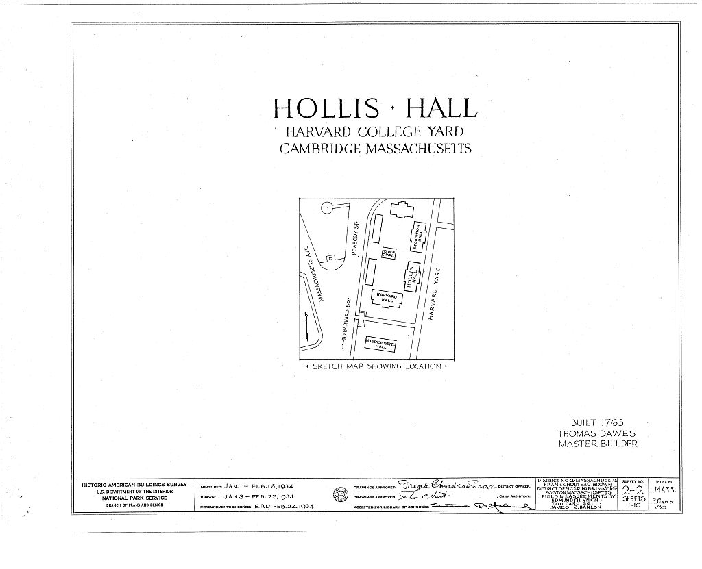 Harvard College, Hollis Hall, Harvard Yard, Cambridge, Middlesex County, MA, measured drawing filed with the federal survey