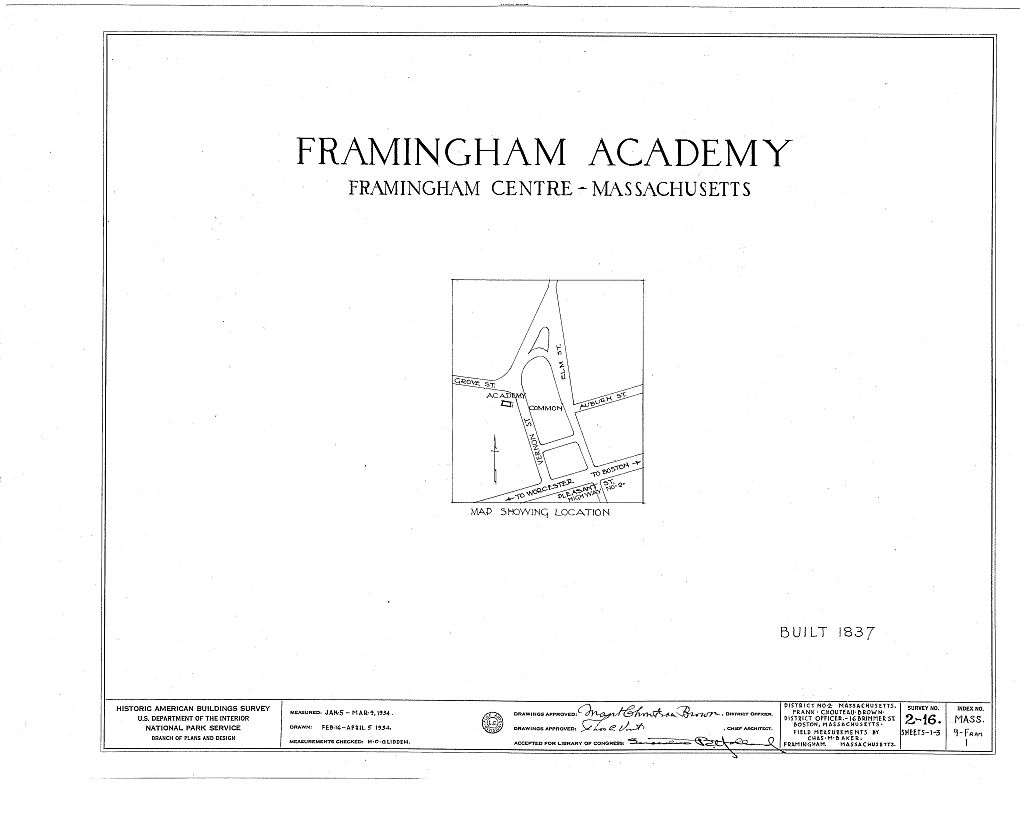 Framingham Academy, Vernon & Grove Streets, Framingham, Middlesex County, MA, measured drawing filed with the federal survey
