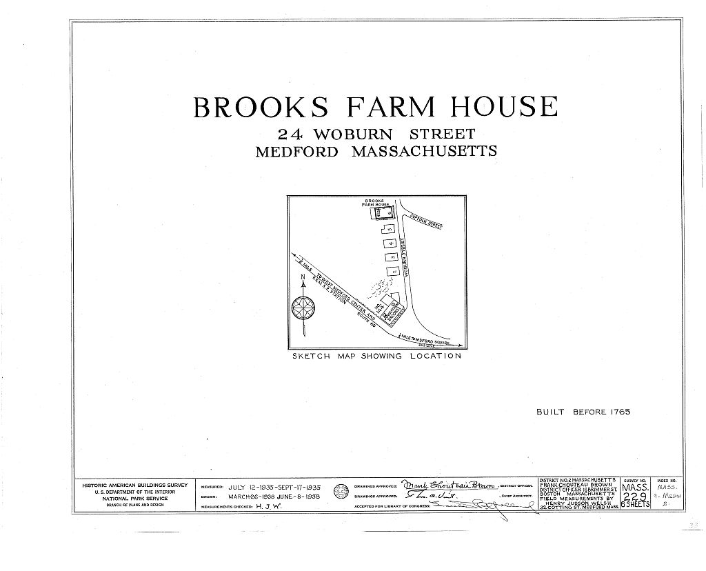 Brooks Farmhouse, 24 Woburn Street, West Medford, Middlesex County, MA, measured drawing filed with the federal survey