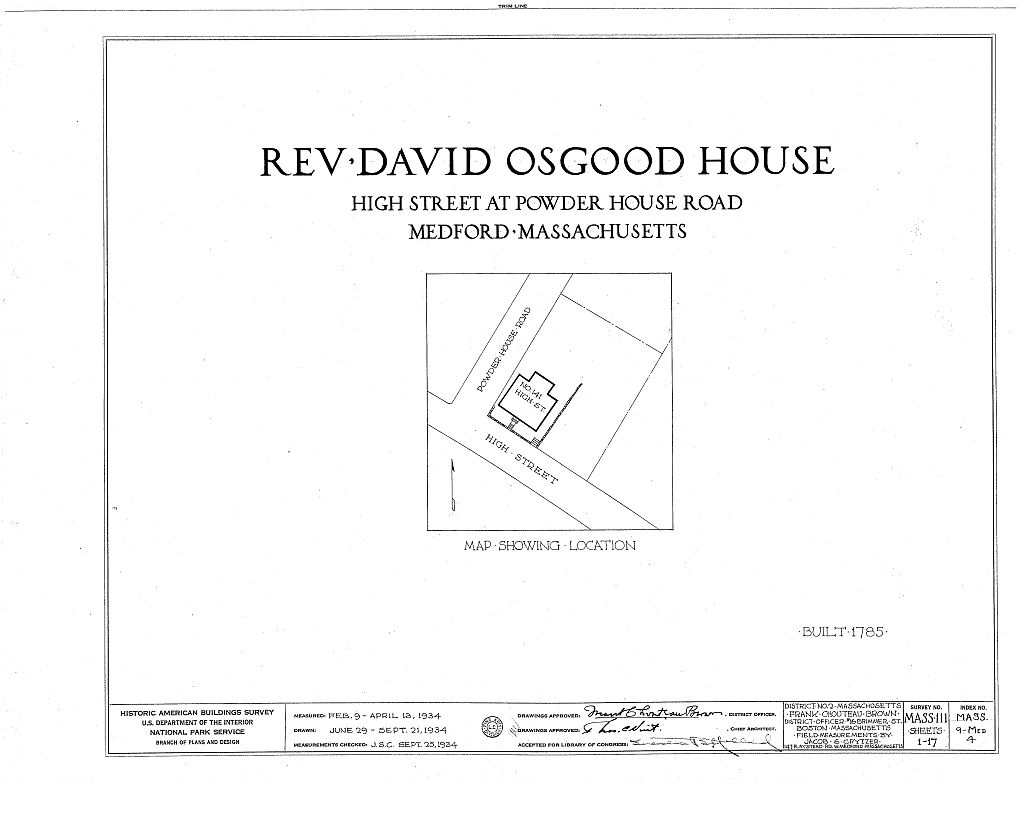 Reverend David Osgood House, 141 High Street, Medford, Middlesex County, MA, measured drawing filed with the federal survey