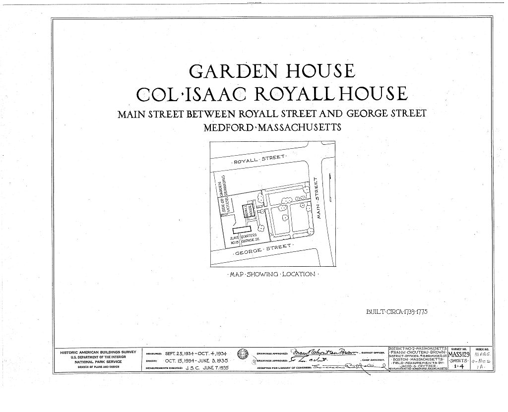 Colonel Isaac Royall Garden House, Main Street vicinity, Medford, Middlesex County, MA, measured drawing filed with the federal survey