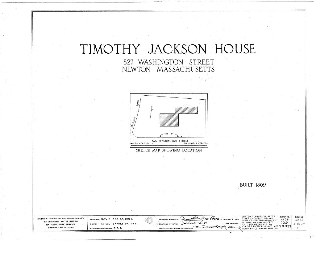 Timothy Jackson House, 527 Washington Street, Newton, Middlesex County, MA, measured drawing filed with the federal survey