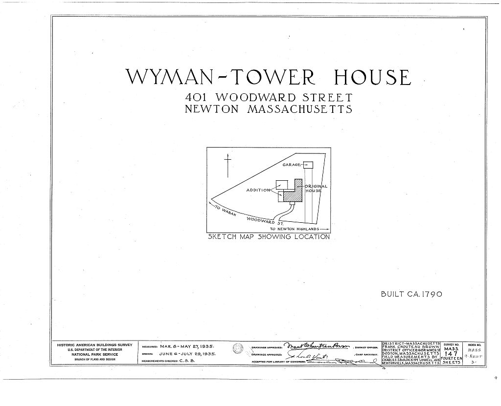 Wyman-Tower House, 401 Woodward Street, Newton, Middlesex County, MA, measured drawing filed with the federal survey