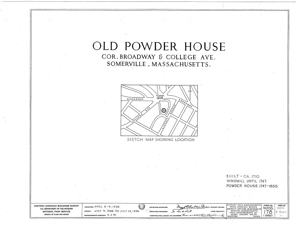 Old Powder House, Broadway & College Avenue, Somerville, Middlesex County, MA, measured drawing filed with the federal survey