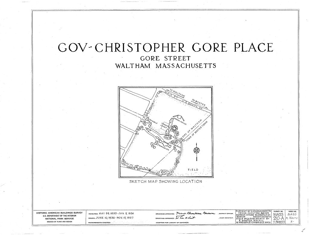 Governor Christopher Gore Place, Gore Street, Waltham, Middlesex County, MA, measured drawing filed with the federal survey