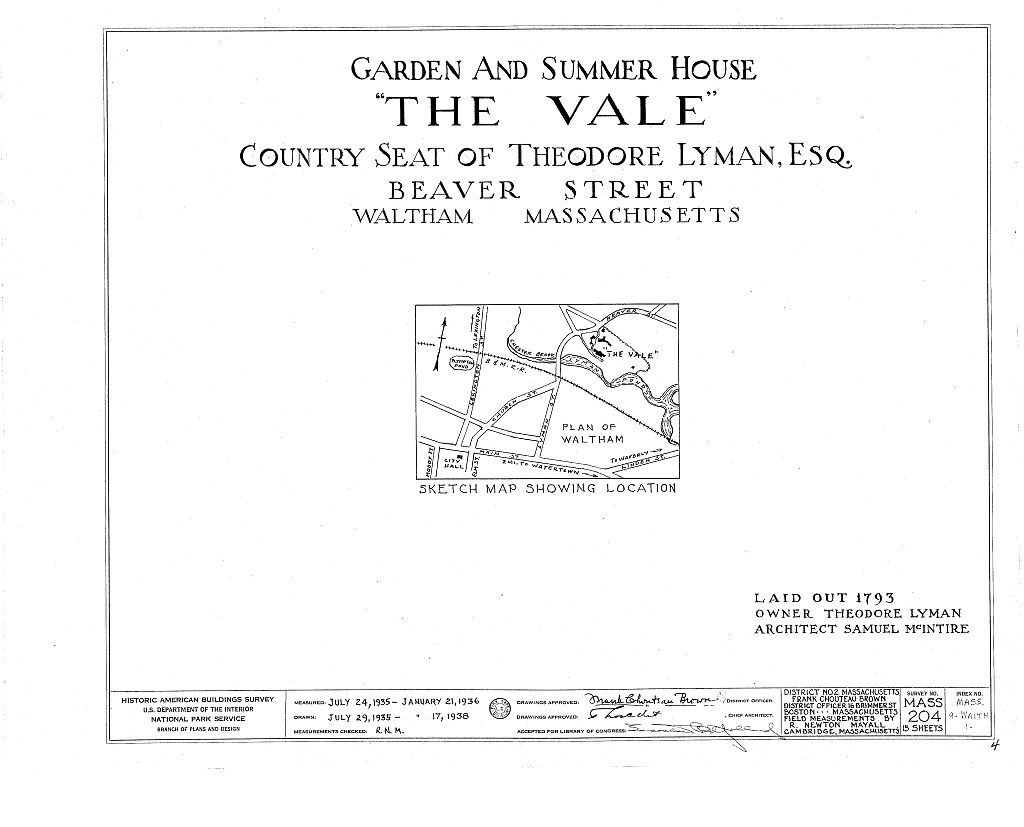 The Vale, Beaver Street, Waltham, Middlesex County, MA, measured drawing filed with the federal survey