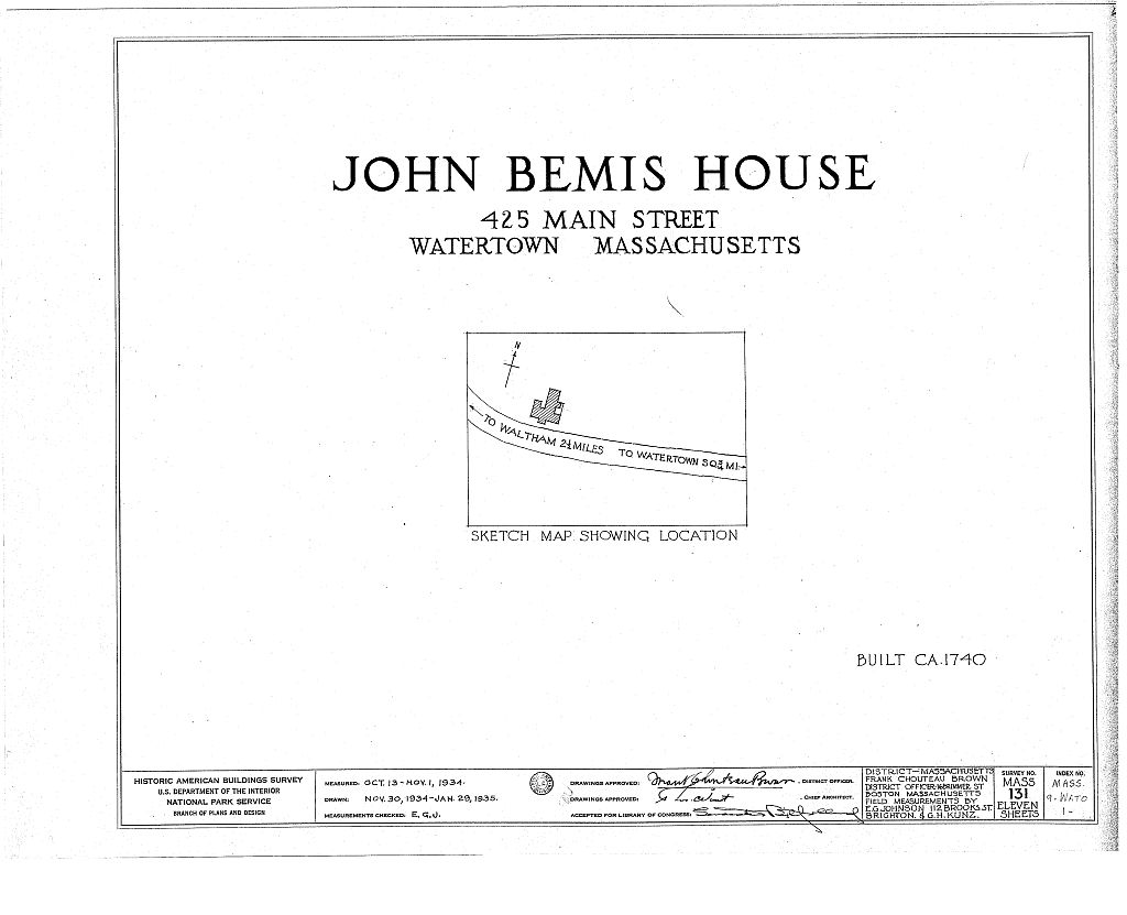 John Bemis House, 425 Main Street, Watertown, Middlesex County, MA, measured drawing filed with the federal survey
