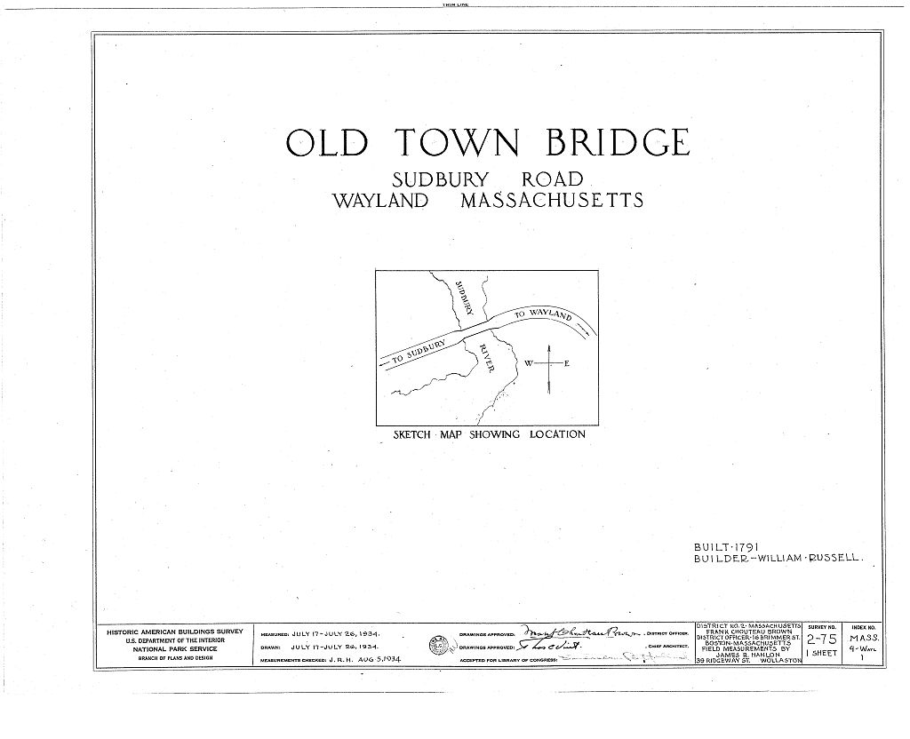 Old Town Bridge, Spanning Sudbury River, Wayland, Middlesex County, MA, measured drawing filed with the federal survey