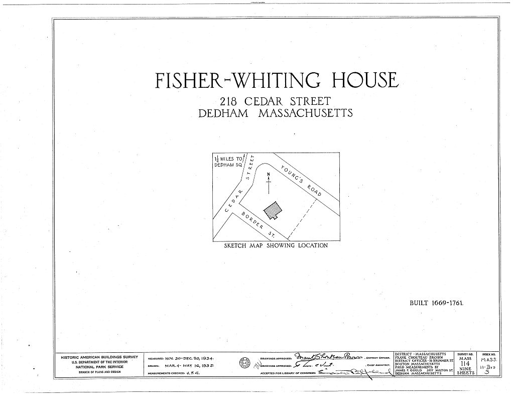 Fisher-Whiting House, 218 Cedar Street, Dedham, Norfolk County, MA, measured drawing filed with the federal survey