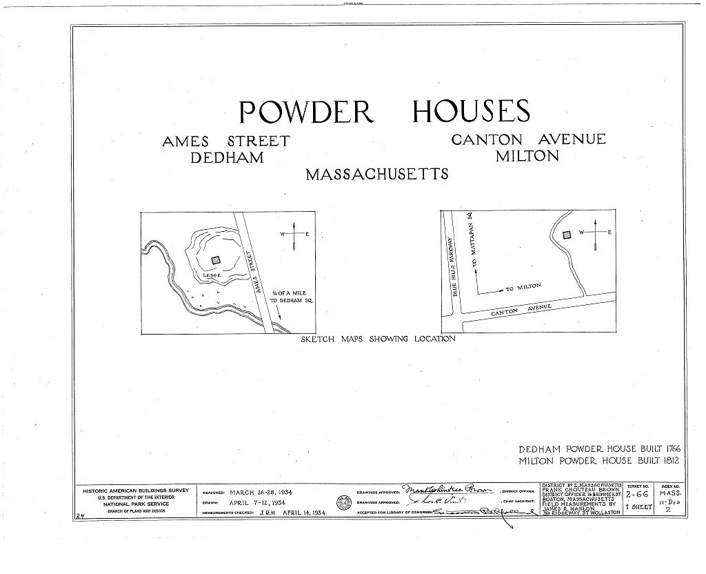 Powder House, 162 Ames Street, Dedham, Norfolk County, MA, measured drawing filed with the federal survey