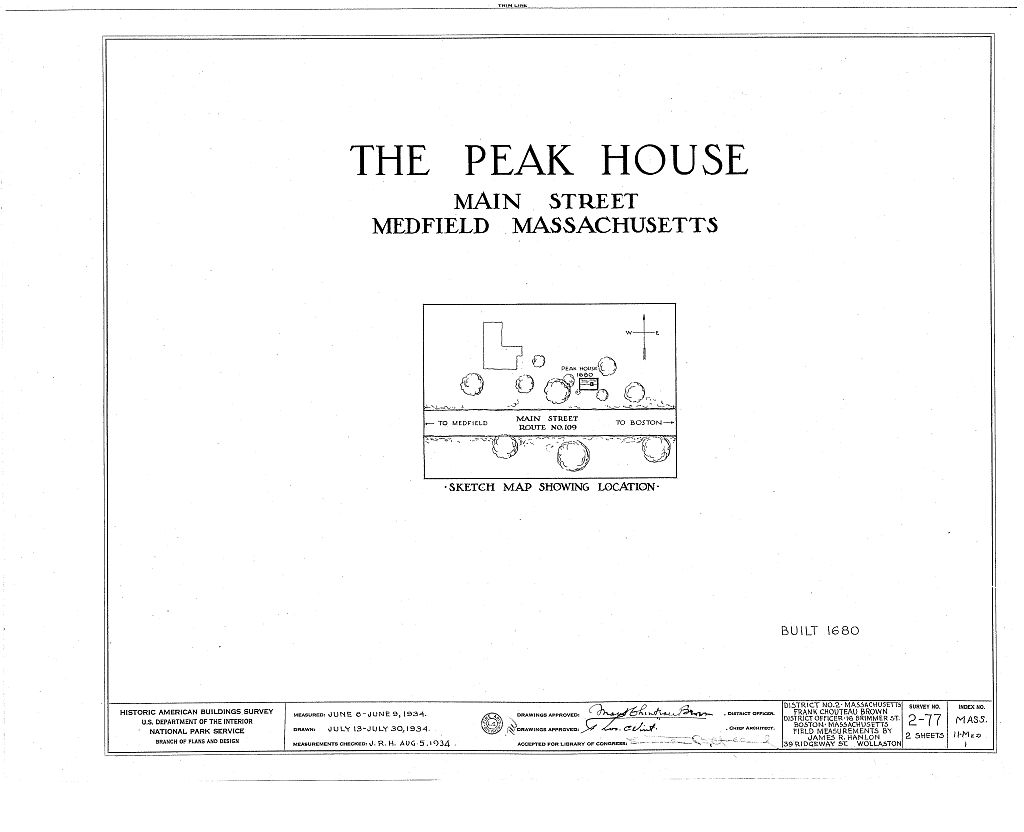 The Peak House, Main Street, Medfield, Norfolk County, MA, measured drawing filed with the federal survey