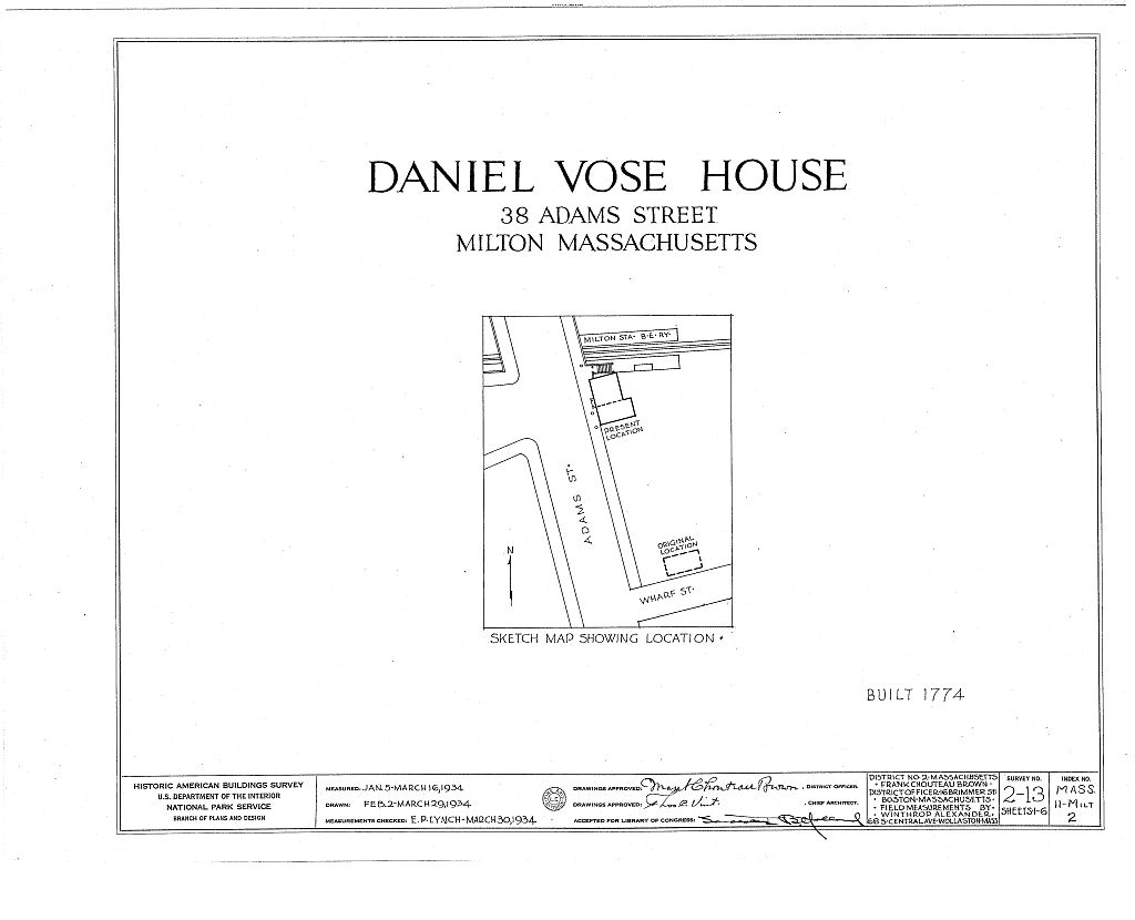 Daniel Vose House, 1370 Canton Avenue (moved from 38 Adams Street), Milton, Norfolk County, MA, measured drawing filed with the federal survey