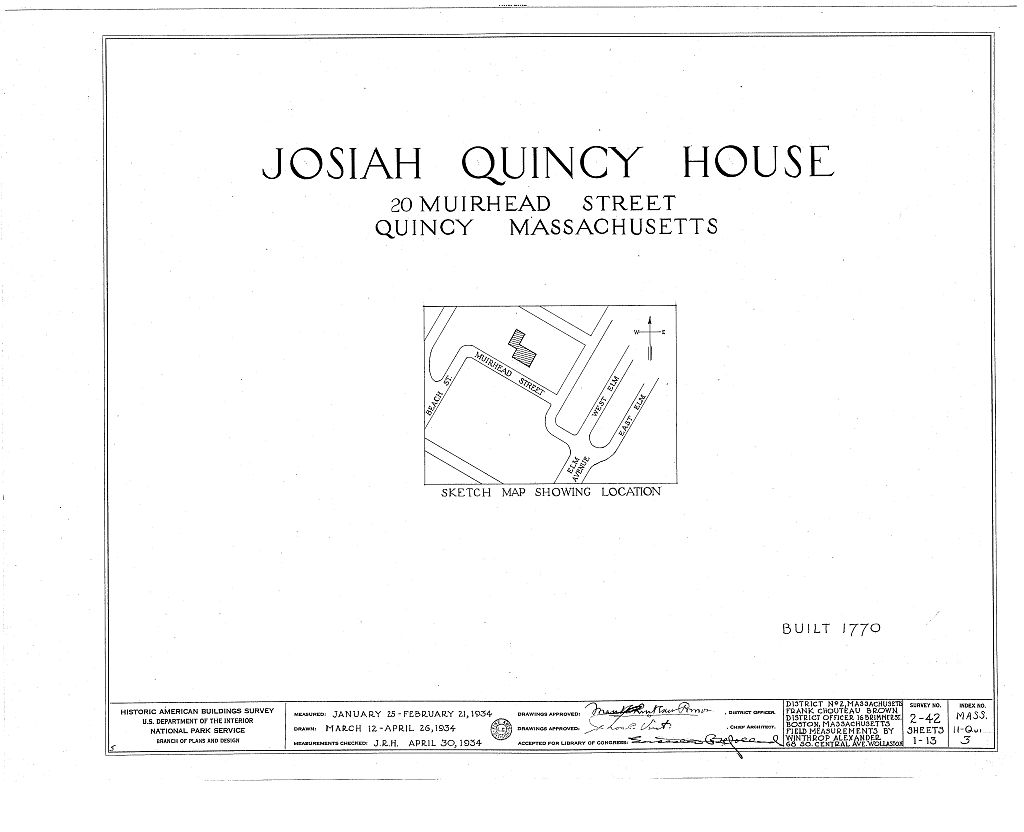 Colonel Josiah Quincy House, 20 Muirhead Street, Quincy, Norfolk County, MA, measured drawing filed with the federal survey