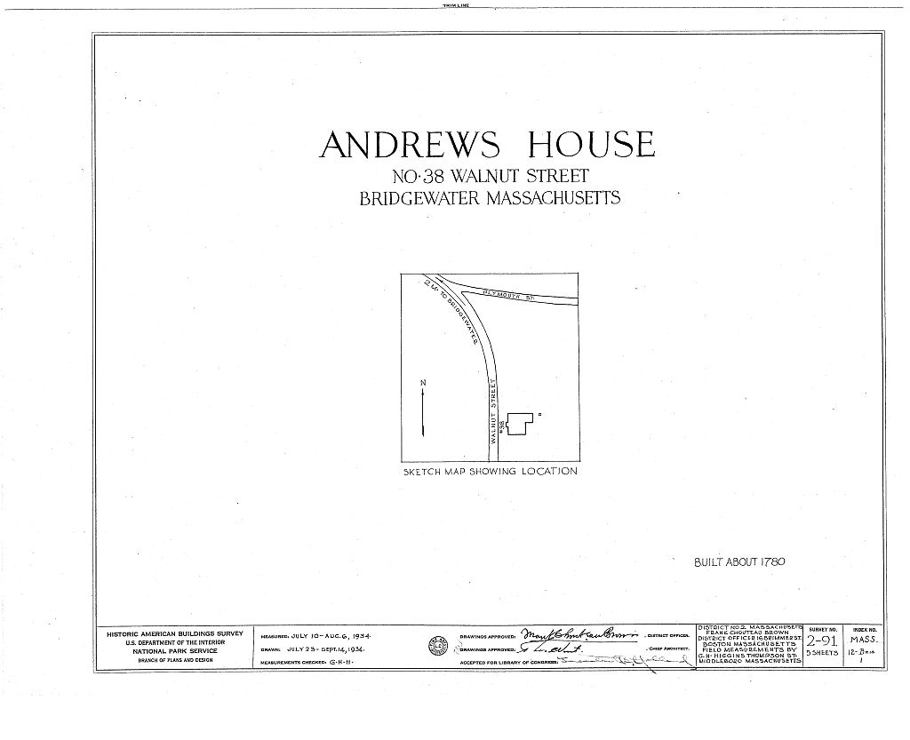 Andrews House, 38 Walnut Street, Bridgewater, Plymouth County, MA, measured drawing filed with the federal survey