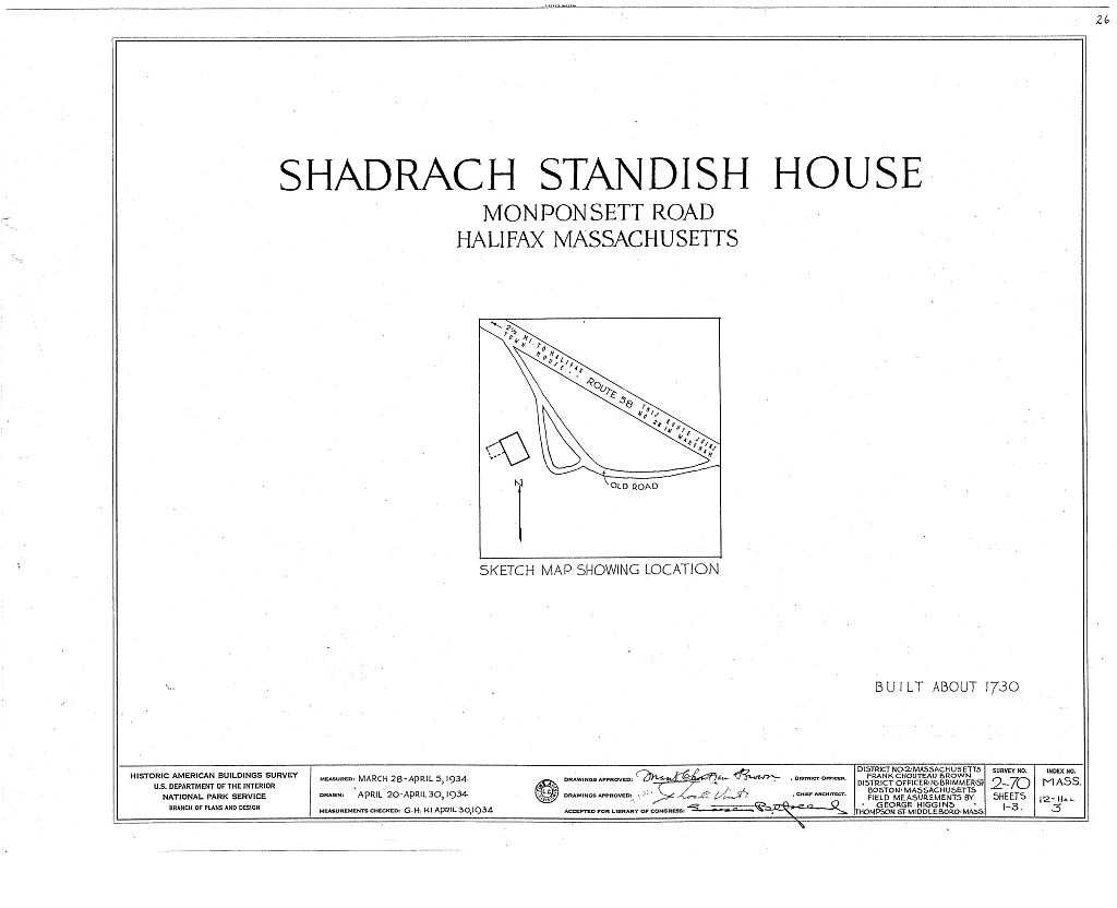 Shadrach Standish House, Monponsett Street, Halifax, Plymouth County, MA, measured drawing filed with the federal survey