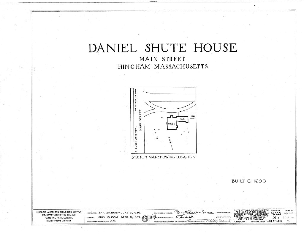 Daniel Shute House, Main & South Pleasant Streets, Hingham, Plymouth County, MA, measured drawing filed with the federal survey