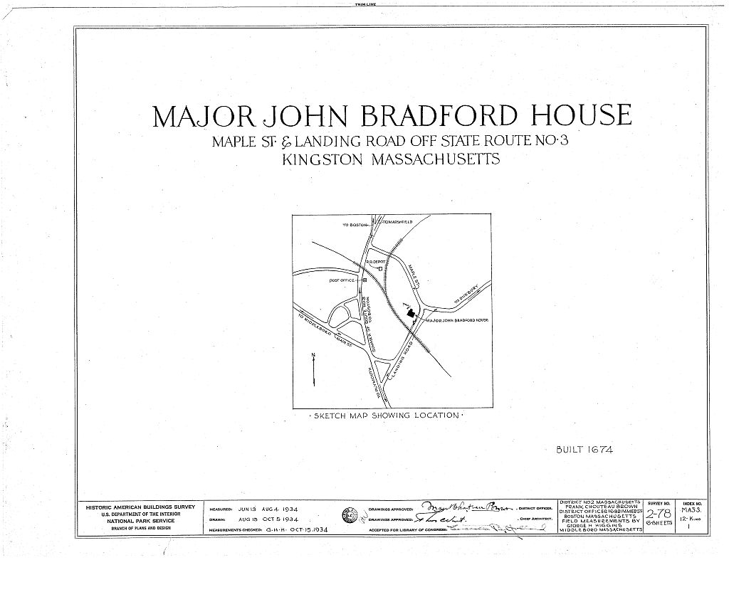 Major John Bradford House, Maple Street & Landing Road, Kingston, Plymouth County, MA, measured drawing filed with the federal survey