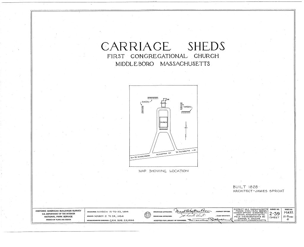 First Congregational Church, Carriage Sheds, Plympton Street, Middleboro, Plymouth County, MA, measured drawing filed with the federal survey
