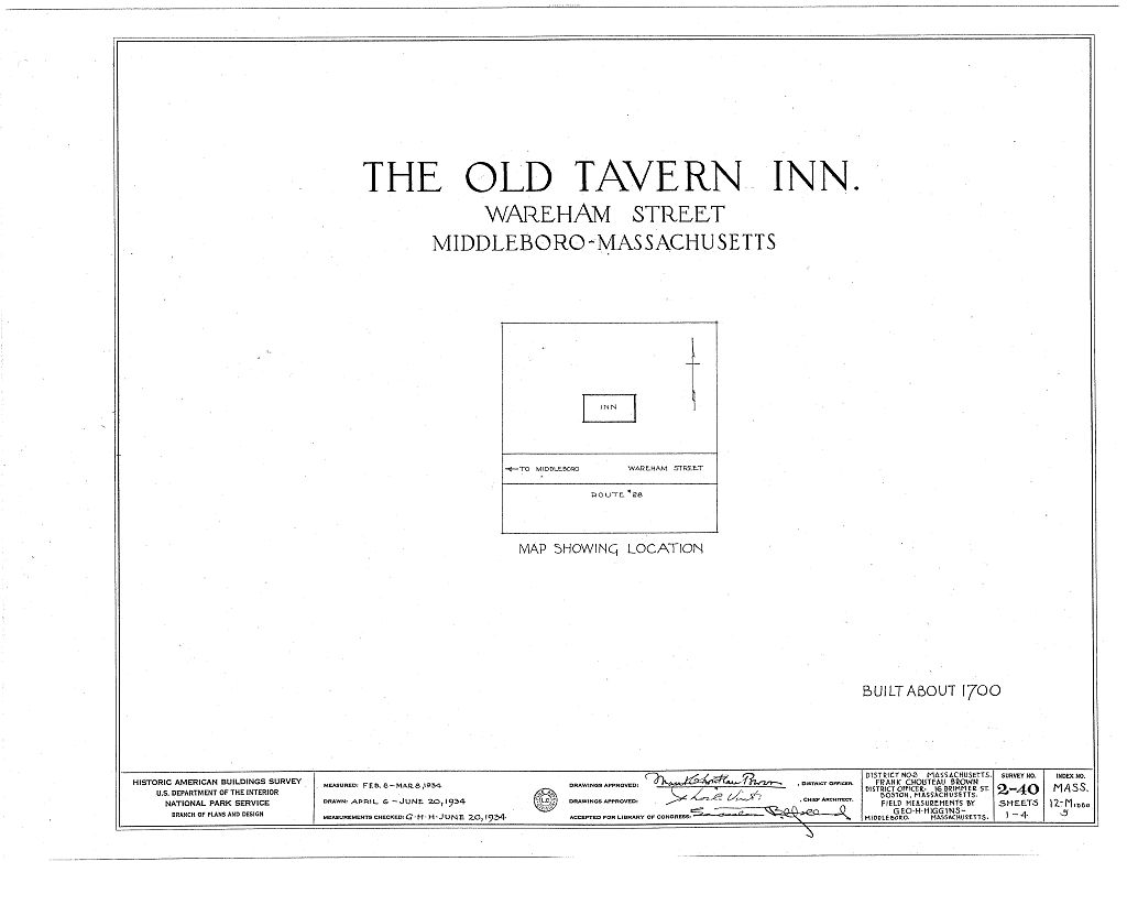 Old Tavern Inn, Wareham Street (State Route 28), Middleboro, Plymouth County, MA, measured drawing filed with the federal survey