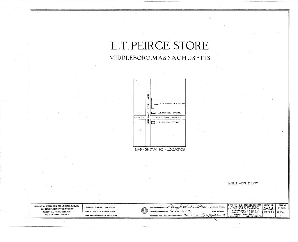 L. T. Peirce Store, North Main & Jackson Streets, Middleboro, Plymouth County, MA, measured drawing filed with the federal survey