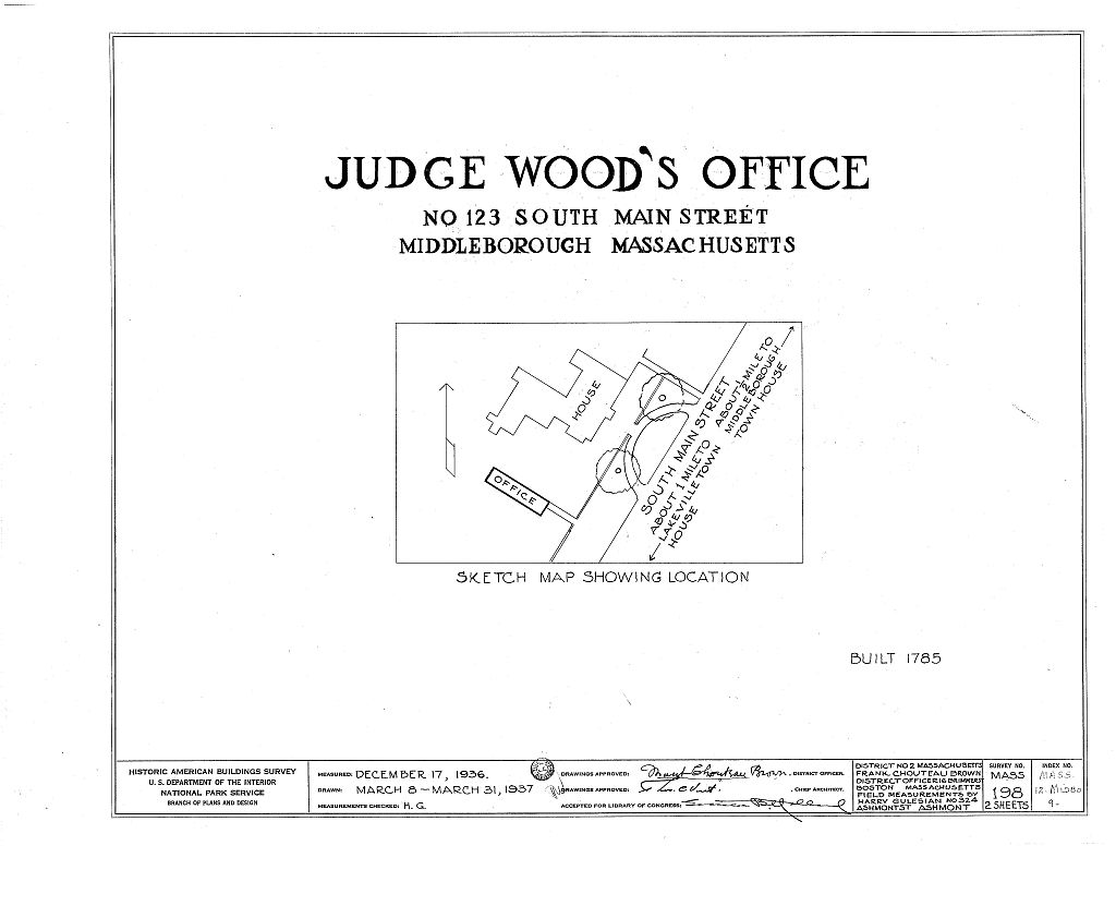 Judge Wood Office, 123 South Main Street, Middleboro, Plymouth County, MA, measured drawing filed with the federal survey