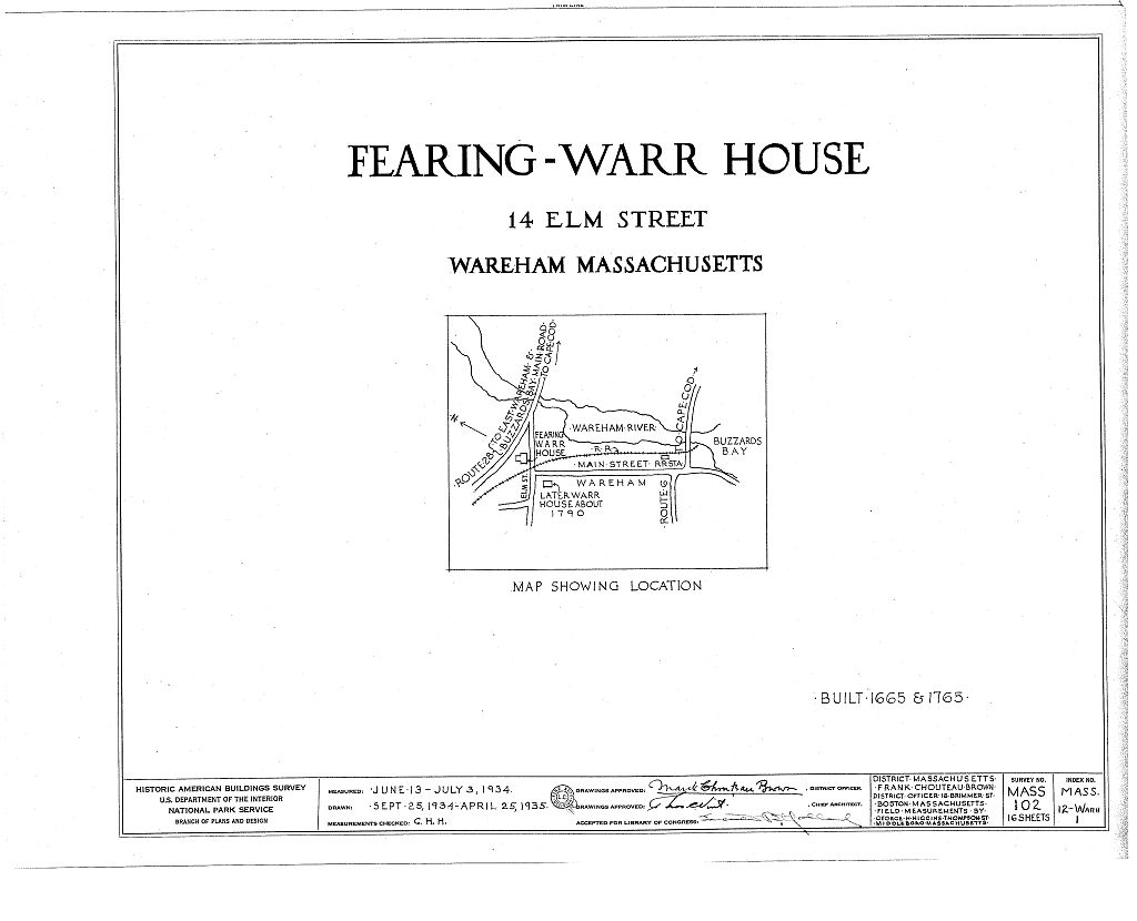 Fearing-Warr House, 14 Elm Street, Wareham, Plymouth County, MA, measured drawing filed with the federal survey