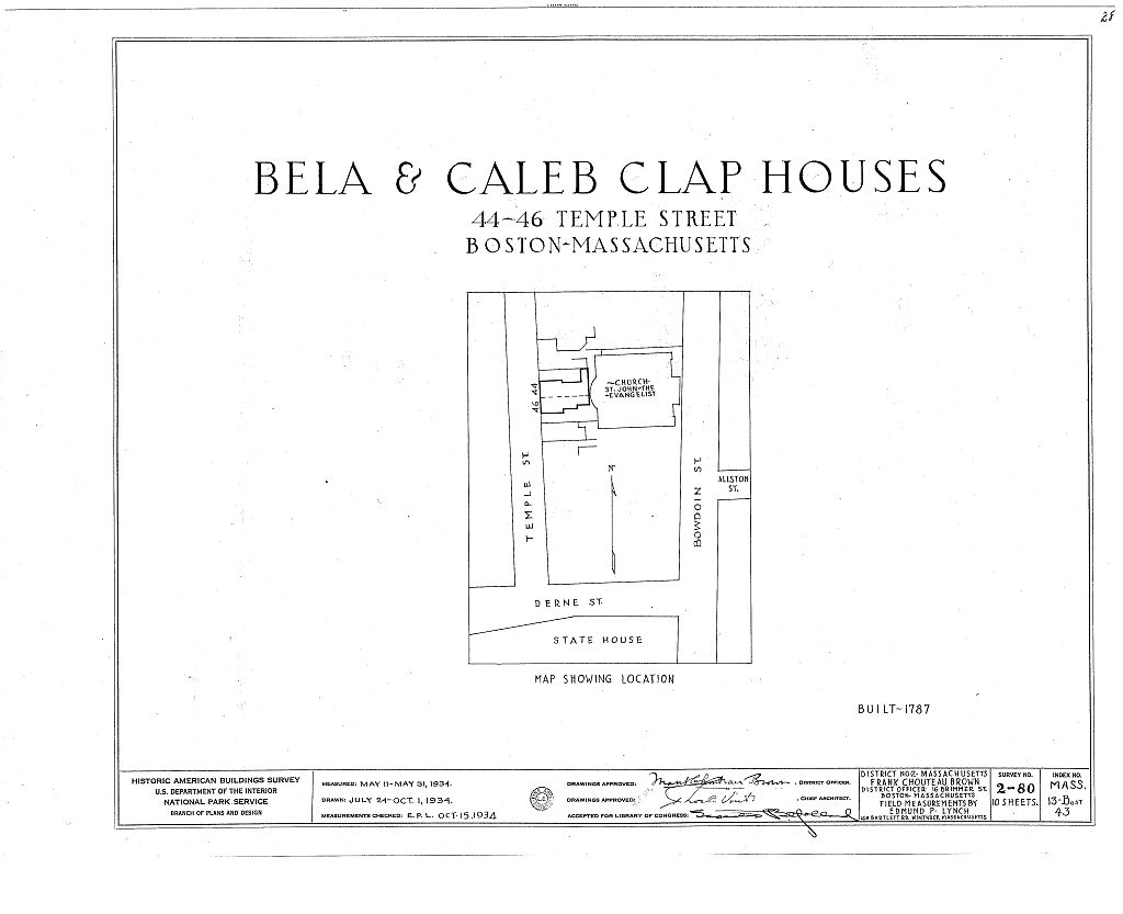 Bela & Caleb Clap House, 44-46 Temple Street, Boston, Suffolk County, MA, measured drawing filed with the federal survey