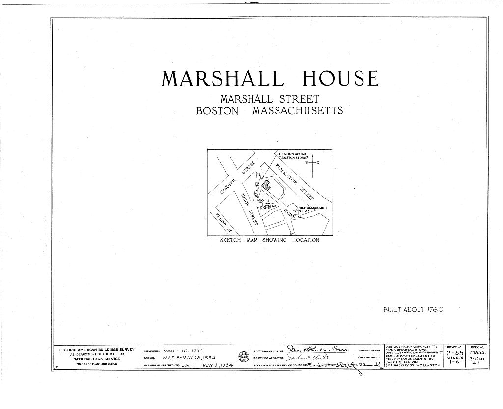 Marshall-Hancock House, 10 Marshall Street, Boston, Suffolk County, MA, measured drawing filed with the federal survey