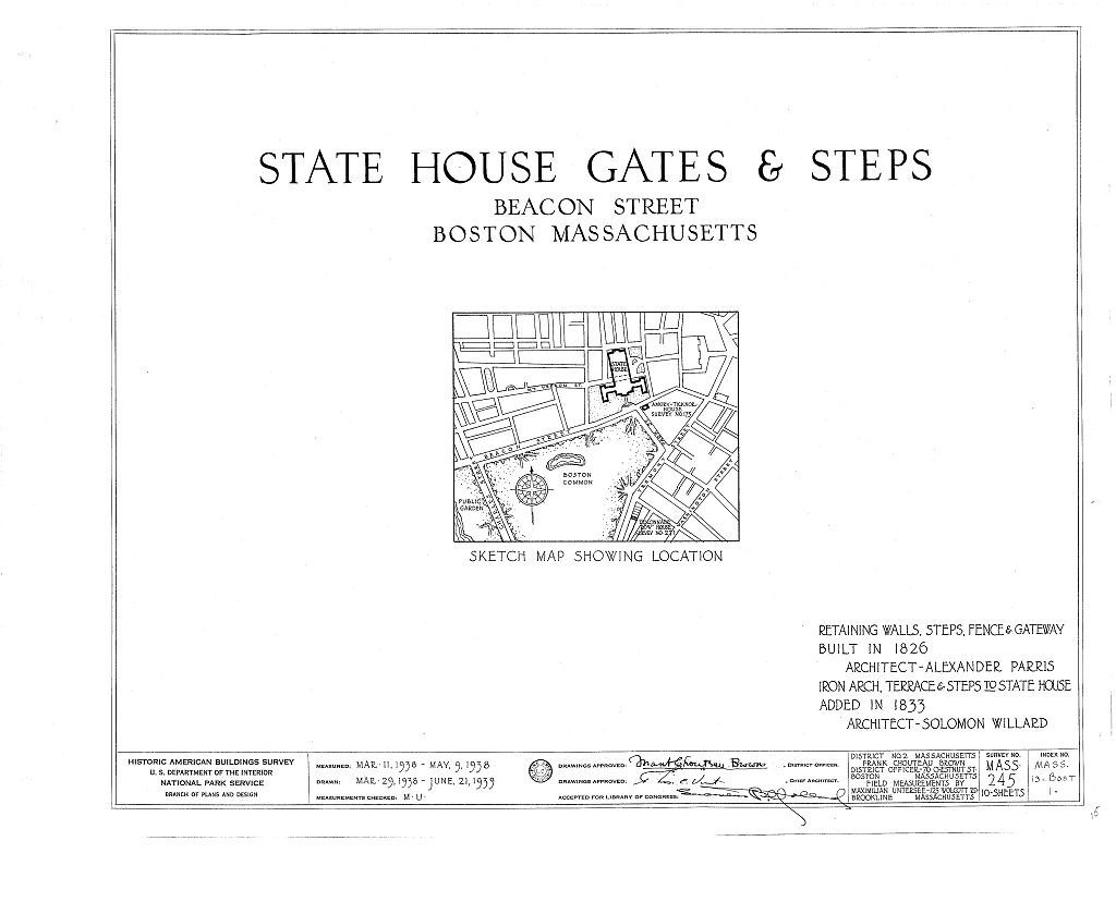 Massachusetts State House, Gates & Steps, Beacon Street, Boston, Suffolk County, MA, measured drawing filed with the federal survey