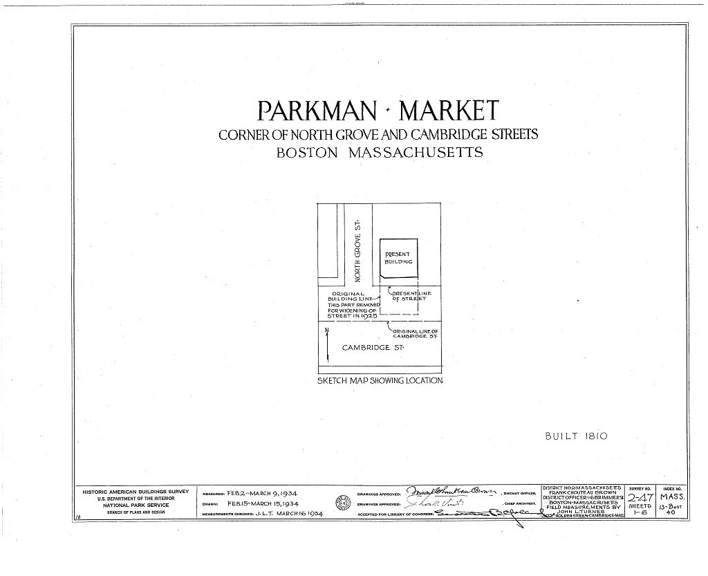 Parkman Market, Cambridge & North Grove Streets, Boston, Suffolk County, MA, measured drawing filed with the federal survey