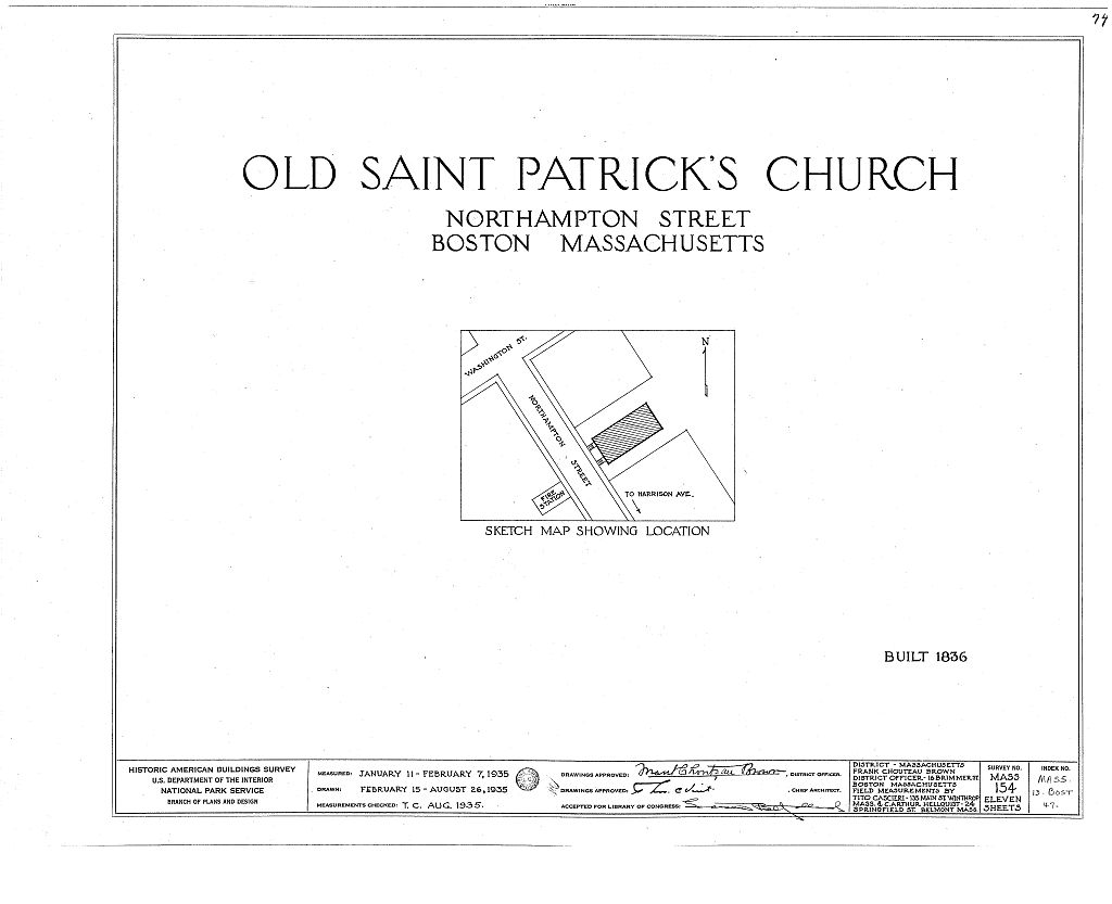 Old St. Patrick's Church, Northampton Street, Boston, Suffolk County, MA, measured drawing filed with the federal survey