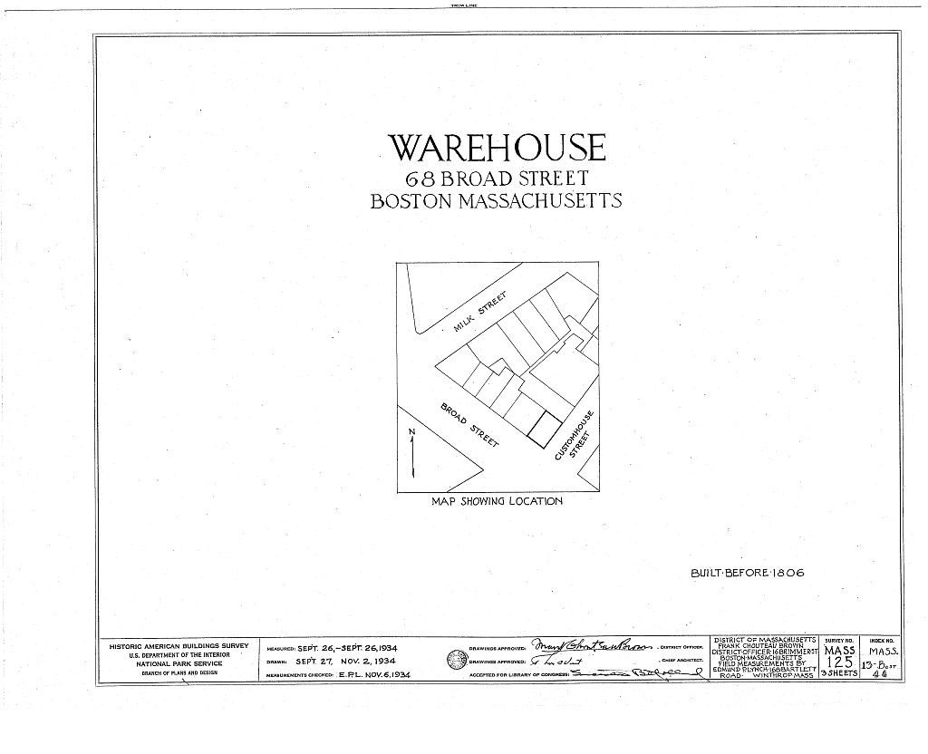 Warehouse, 68 Broad Street, Boston, Suffolk County, MA, measured drawing filed with the federal survey