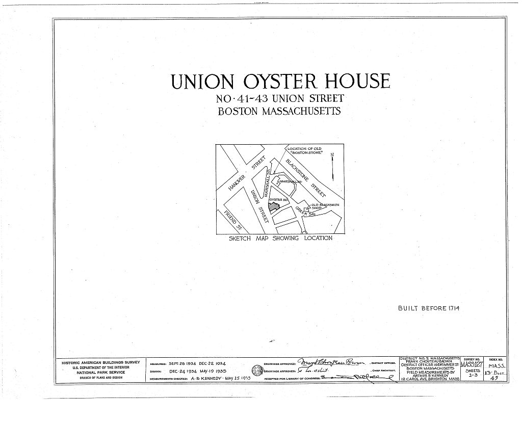 Union Oyster House (Restaurant), 41-43 Union Street, Boston, Suffolk County, MA, measured drawing filed with the federal survey