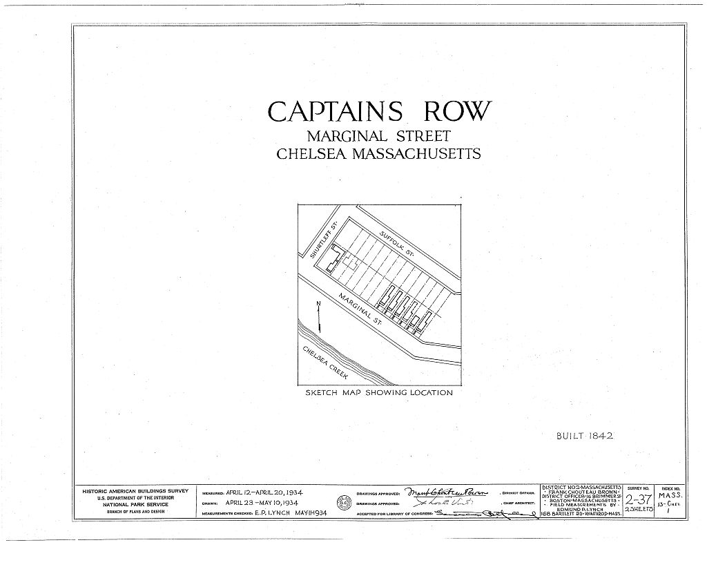 Captains' Row, Marginal & Shurtleff Streets, Chelsea, Suffolk County, MA, measured drawing filed with the federal survey