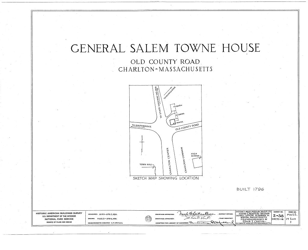 General Salem Towne House, Old County Road (moved to Sturbridge Village, Sturbridge, MA), Charlton, Worcester County, MA, measured drawing filed with the federal survey