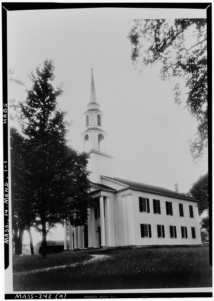 First Parish Church (Unitarian) & Carriage Shed, Maple & Elm Streets, Mendon, Worcester County, MA, photograph filed with the federal survey