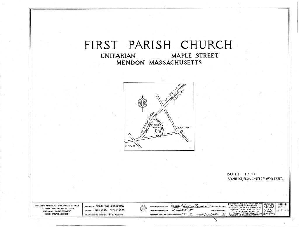First Parish Church (Unitarian) & Carriage Shed, Maple & Elm Streets, Mendon, Worcester County, MA, measured drawing filed with the federal survey