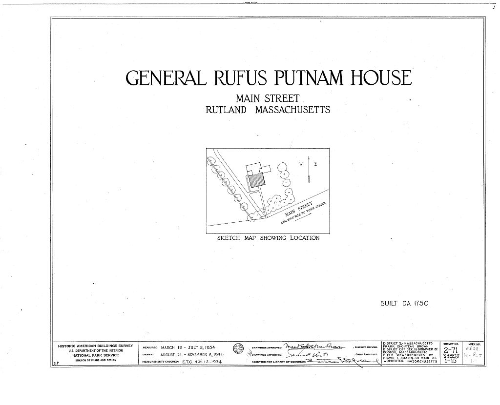 General Rufus Putnam House, Main Street, Rutland, Worcester County, MA, measured drawing filed with the federal survey