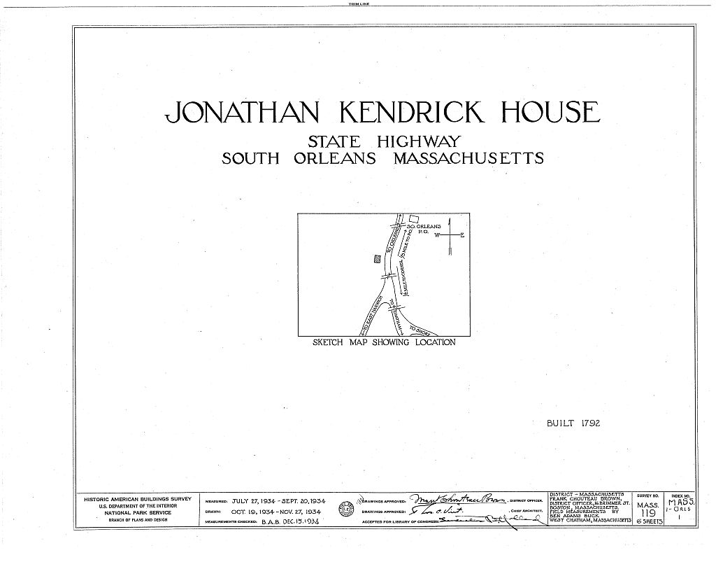 Jonathan Kendrick House, State Highway, South Orleans, Barnstable County, MA, measured drawing filed with the federal survey