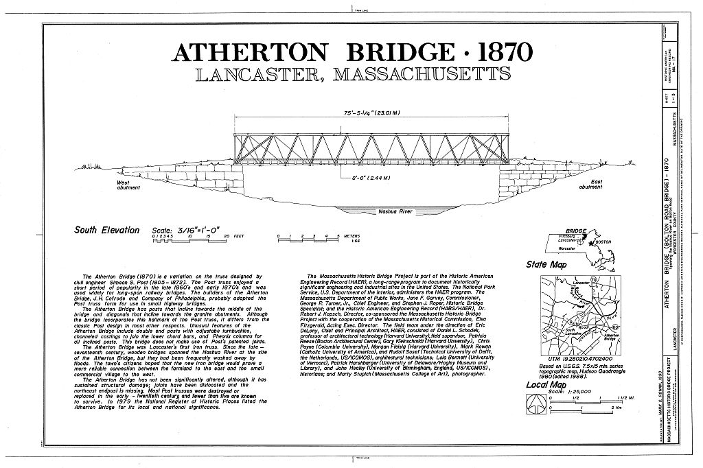 Atherton Bridge, Spanning Nashua River on Bolton Road, Lancaster, Worcester County, MA, measured drawing filed with the federal survey