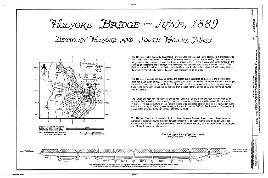 Holyoke Bridge, Spanning Connecticut River, between Holyoke & South Hadley Falls, Holyoke, Hampden County, MA, measured drawing filed with the federal survey